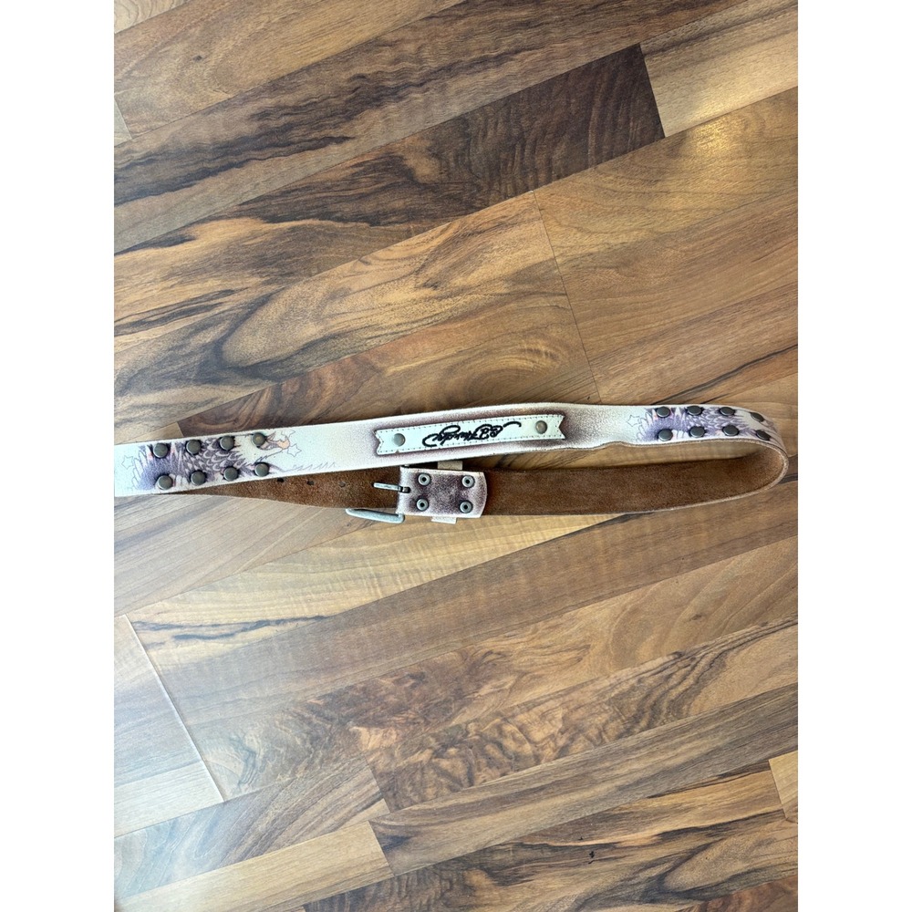 Vintage Ed Hardy Christian Audigier Leather Belt Eagle Tattoo Studded White Y2K - Picture 5 of 5